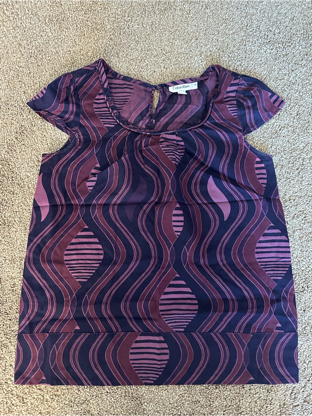 Calvin Klein Purple & Burgundy Wave-Pattern Cap Sleeve Blouse